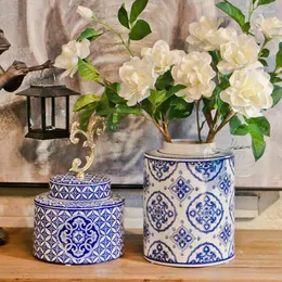 Vaser Creative Blue Round Storage Jar Ceramic Vase Flower Plant Potted Hydroponic Candy Sealed Home Decoration Modern