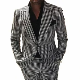 2 قطعة من Houndstooth MEN PUSIN تناسب SLIM FIT PEAP LAPEL TWO BUST PROM PROM PLAID PLAID TUXDOS للازداد زفاف+سروال I8GD#