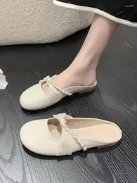 Slippers Casual Flat Shoes Female String Bead Mules For Women 2024 Shallow Pantofle Slides Low Cover Toe Luxury Soft PU Basi