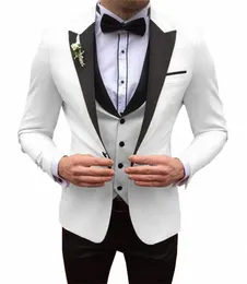 Mens White Suits Slim Fit 3 Pieces Busin Jacket Tuxedos Blazer Gentleman For Wedding Groom Prom Evening Party School U24V#