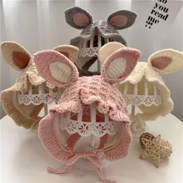 Little girls boys rabbit ears knitted hats INS toddler kids ruffle knitting warm beanie children easter party cap A9347