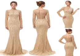 2019 Elegante champagne di lusso con perline di cristallo Abiti da sera a sirena yousef aljasmi Robe De Soiree collo in tulle trasparente arabo Prom Fo2352442