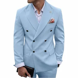 Dubbel bröst himmelblå män kostymer smal passande topp lapel brudgum bröllop kostymer blazer skräddarsydda bästa män tuxedos dräkt homme y2qh#