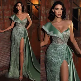 Gorgeous Green Evening V Neck Sequins Satin Formal Party Prom Dress Thigh Split Dresses For Special Ocn Robe De Soiree