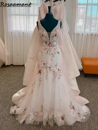 Imagem real colorido floral apliques rendas sereia vestidos de casamento ilusão com decote em v sem mangas boho vestidos de noiva