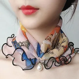 Lenços verão elegante brilhante plissado laço cachecol mulheres luxo fino pescoço pérola pingente chiffon floral pontos imprime colar