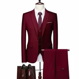 16 Color Basic Style Men's Casual Solid Color 3 Pieces Suits / Male One Butt Blazers Jacker Coat Trousers Pants Vest Waistcoat C4zT#