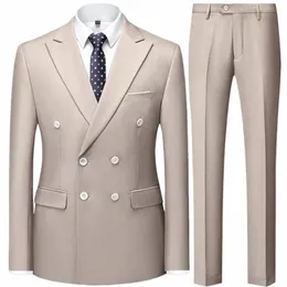 2024 FI New Men's Casual Boutique Double Breadted Suiters / Man's Busin Suit Jacket Blazers Pants 2 PCS Set I2S6#