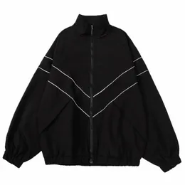 Reflekterande randig jacka 2023 Men Hip Hop Streetwear Coat Zipper Up Jacket Windbreaker Harajuku Thin Coats Sports Black Blue I6yd#