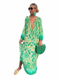 women Vintage Maxi Dres Summer Sexy Deep V-Neck Lg Sleeve Boho Print Lg Dres Female Beach Cover Up Elegant Robe o2qp#