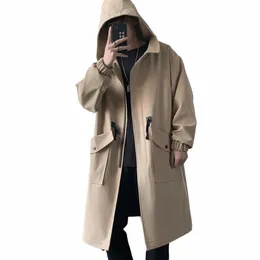 LG Trench Coat Kurtka Mężczyźni Cott Autumn Spring Black Hip Hop Japońskie płaszcze streetwear męskie armia z kapturem zielone kurtki 60DU#