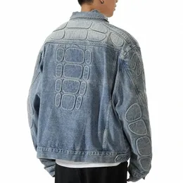Retro Denim Jacket Men Cvex Turtle Shell Pattern Hip Hop Bomber Jackets High Street Loose American Style Ripped Cowboy Coats Z03L#