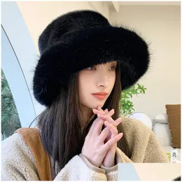Wide Brim Hats Bucket Big Fluffy Faux Fur Hat For Women Luxury P Fisherman Warm Winter Thicken Cold Snowy Day Panama Cap Drop Delivery Otp8X