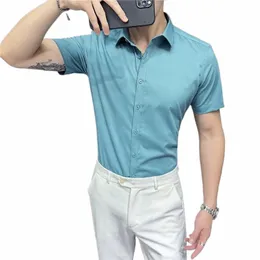 british Style Casual Shirt for Men Summer Short Sleeve Busin Dr Shirts Fi Solid Color Slim Fit Social Office Clothing h5jw#