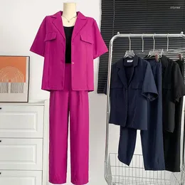 Pantaloni a due pezzi da donna 2024 primavera coreana set moda donna camicetta a maniche corte cappotto ampio abito elastico a vita alta