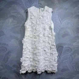 Vestidos femininos marca de moda europeia renda branca tripulação pescoço sem mangas colete mini vestido