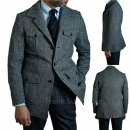 Vintage England Style Męski Blezer Slim Fit Notch Lapel Tweed Herringbe Tuxedo Groom Wedding Suits Kurtka męska płaszcz Niestandardowy Z01Z#