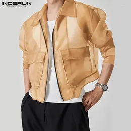 メンズカジュアルシャツのインカントップ2024韓国スタイルの視点メッシュデザインストリートウェアオスの細い長袖ラペルブラウスS-3XL