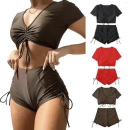 Women's Swimwear Draw String Two Pieces Lace Up Bikini Set High Waited Cotton Solid Comfortable Swimsuit 2024 Bathing Suit Beach Wear