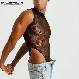 Men Bodysuit Underwear Mesh Patchwork Sleeveless Homewear See Through Thin Romper 2023 Breathable Sexy Bodysuits INCERUN 240319