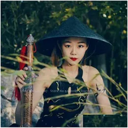 Utomhushattar traditionell kinesisk stil bambu väv hatt shaolin japanska samurai cosplay orientaliska huvudbonader prop skugga st caps dropp d dhtpv