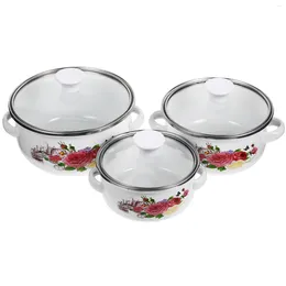 Caldeiras duplas 3pcs de fundo plano Stockpot esmalte o pote de panela de sopa empilhável utensílios de cozinha (padrão aleatório