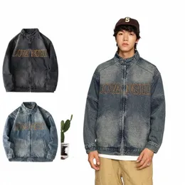 american Retro Bomber Denim Jacket Man Stand Collar Letter Embroidery W Cargo Jackets Male Autumn Hip Hop Loose Cowboy Coats v8Rk#