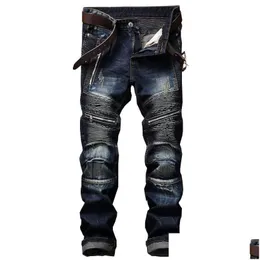 Men'S Jeans New Fashion Vintage Moto Biker Men Hip Hop Streetwear Ripped Denim Pants Trousers Zipper Male Slim Fit Clothes Drop Deliv Dhd47