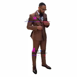 Последний дизайн Коричневые клетчатые костюмы для мужчин Двубортный повседневный мужской костюм Busin 2 шт. Slim Fit Stage Singer Party Костюм смокинг o9ik #