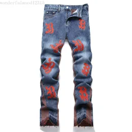 Lapptäcke jeans designer jeans mens raka jeans män knä mager rak storlek 29-38 brev broderi denim grossist