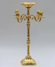 Venda de candelabros com acabamento dourado de 65 cm com tigela de flores, suporte de vela para eventos de casamentos com 5 braços candelabros3145376