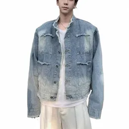 Erkekler Sıradan Denim Ceket Sokak Giyim Yırtılmış Stand Yakası Koreli dış giyim Kadınlar Harajuku retro w kırpılmış gevşek kot pantolon yeni q21t#