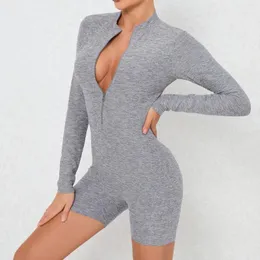 Active Set Yoga Set Women's One-Piece Suit Half Zipper Backless Long Sleeve Jumpsuit Gym Push Up Workout Clothess Fitness Short Bodysuit