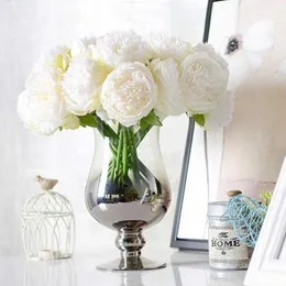 10 huvud Artificial Flower Fake Silk Peony Bridal Bouquet Christmas Wedding Party Home Decorative White 240322