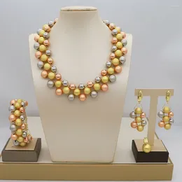 Halskette Ohrringe Set Mode Brasilien vergoldet Schmuck Luxus Perlen Ring Hochzeit Bankett 3 Schichten Qualität Perle T