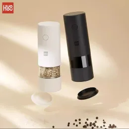 Armband Huohou Electric Automatic Mill Pepper and Salt Grinder LED Light 5 Läges Peper Spice Grain Porcelain Slipning Kärnan Kök