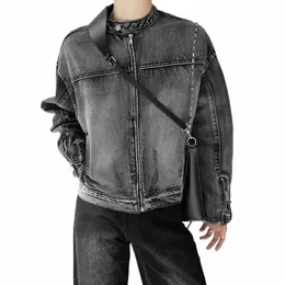 w Vintage Denim Jacke Männer Frau High Street Lose Cowboy Mäntel Reißverschluss Distr Design Mantel Unisex Japanische Varsity Jacken a18p #