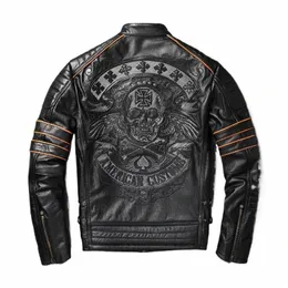 Jahr!freies Schiff, Verkäufe.Schwarze Herren-Jacke aus echtem Leder.Rindsledermantel.kurze schlanke Biker-Jacken mit Totenkopf, plus Größe.Qualität 06Fh#