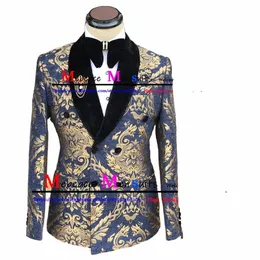 gold Pattern Men Suit Jacket Pants 2 Piece Set Navy Blue Double Breasted Groom's Wedding Suit Costumes Hommes Pour Mariage C3kz#