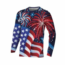 american Flag Men's Lg Sleeve T-shirt Colorful Firework Unisex Streetwear Popular Crew Neck Casual Black Hand-painted Clothing 60DW#