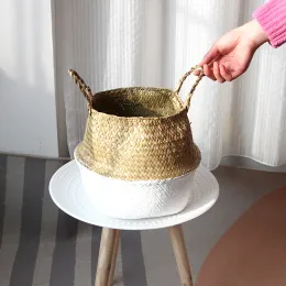 Sepetler Pembe/Beyaz Bahçe Çiçek Vazo Asma Sepet Katlanabilir El yapımı Dokuma Sepetleri Sap Hasırlı Rattan Flowerpot Ekici