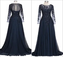 Azul marinho sheer mangas compridas chiffon mãe da noiva vestidos frisados pedras até o chão formal festa vestidos de noite ba91351405234