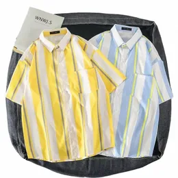 Camisa masculina Fi manga curta Ctrast cor listrada Dr sem bolso verão casual padrão-fit camisa de bunda para baixo B123 x0vH #