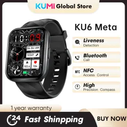 Orologi KUMI KU6 Meta Smart Watch 1.96 "100+ modalità sportiva Quadrante con bussola NFC Bluetooth Rilevamento della vivacità delle chiamate IP68 Impermeabile per uomo