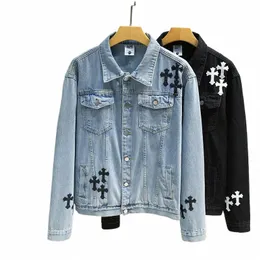 men's Fi Cross Embroidery Denim Jacket Spring and Autumn Ins Street Fi Label Loose Jean Jacket Chaquetas Hombre b7YU#