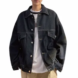 Herbst Frühling Retro Arbeitskleidung Denim Jacken Fi Herren Revers Hübsche lose Freizeitjacke Tops Männer Mantel Männliche Kleidung P1kD #