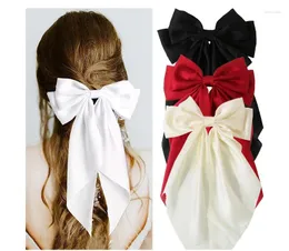 Hårtillbehör Butik Stor 7,5 "Solid Color Chiffon Bow Hairgrips Women Girls Clips Long Tails Barrettes