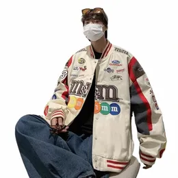 Y2K Streetwear Biker Jacket Uomo Donna Ricamo Lettera MMs Chocolate Bean Cappotto da baseball Allentato Hip Hop Harajuku Racing Outwear f6eE #