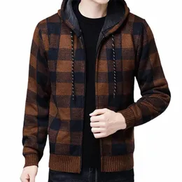 men Jacket Plaid Pattern Breathable Polyester Sweater Hoodie for Winter X7Zy#