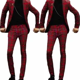 formal Handsome Groomsmen Notch Lapel Groom Men Red Grid Man Jacket Blazer Prom Dinner 2 Piece SuitJacket+Pants 95X7#